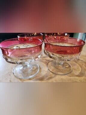 Vintage King's Crown dessert or sherbet glasses featuring a ruby red flash stain